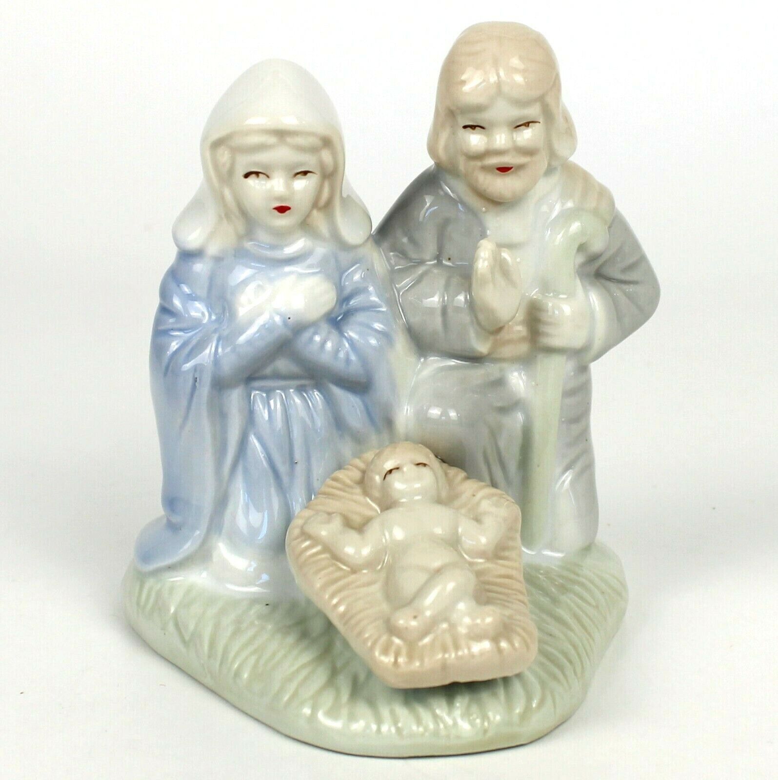 Nativity Ceramic Figurine Joseph Virgin Mary Baby Jesus Porcelain Glossy Pastels