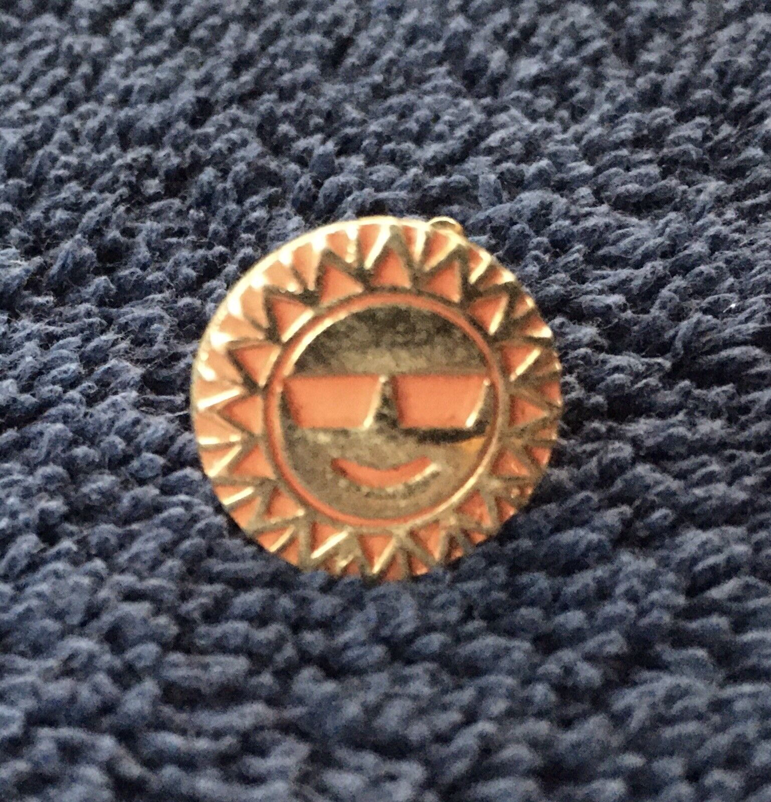 Smiling Gold Colored Sun Metal Lapel Pin Around 9/16” Wide