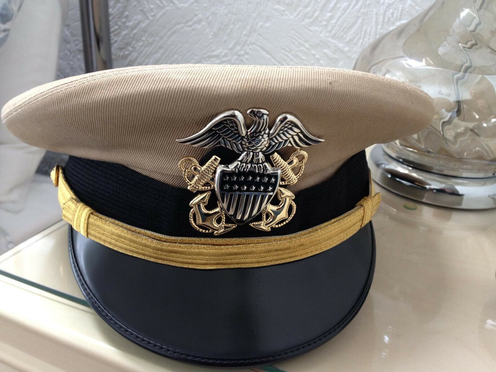 US Navy Officer\'s Cap Dress Khaki UNIFORM Hat w. Officer Cap