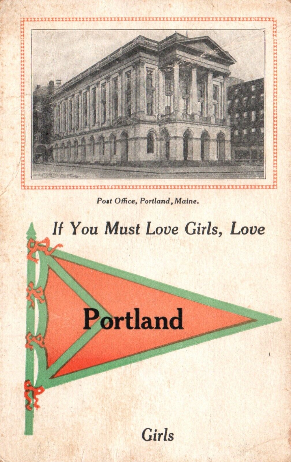Postcard ME Portland Post Office Pennant Love Portland Girls 1916 Old PC J1320
