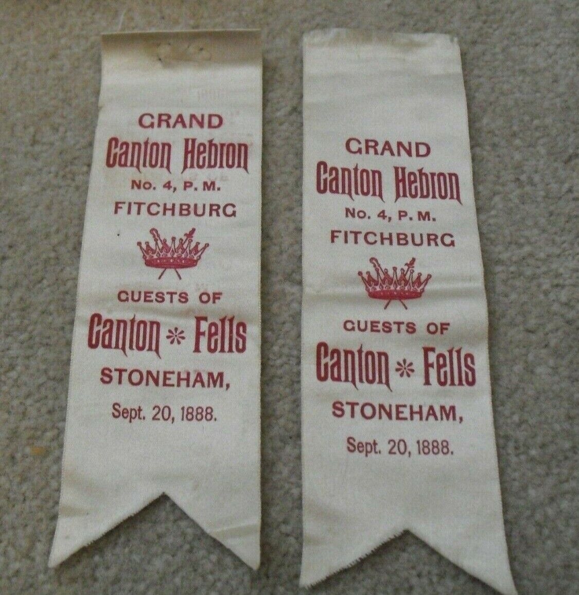RARE Original Lot of 2 1888 Grand Canton Hebron Fitchburg Fells Guest Ribbon