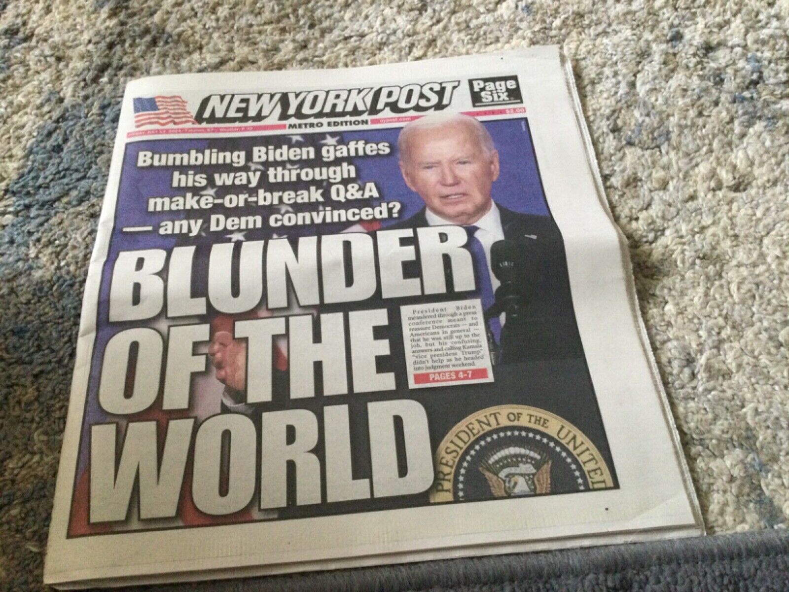 NY Post-07/12/2024BIDEN-BLUNDER OF THE WORLD-fold in half/read.