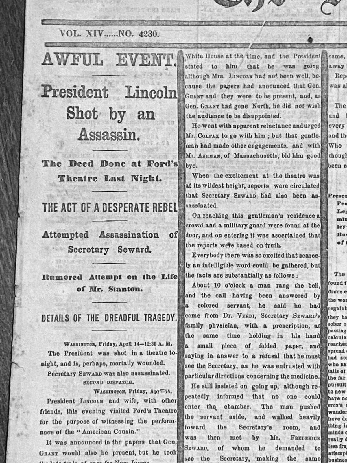 Lincoln Assassination Newspaper New York Times    April 15th 1865