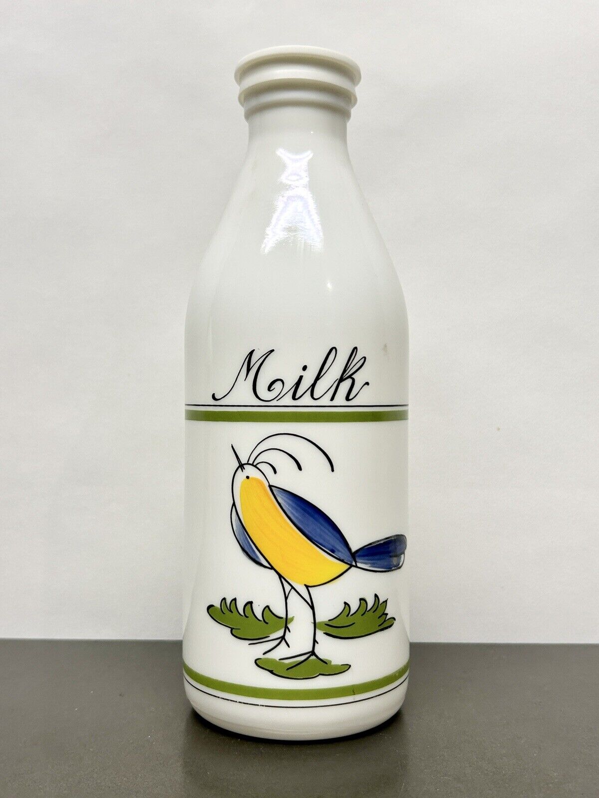 Vintage Egizia Glass Milk Bottle White Bird Graphic Home Decorative Collectible
