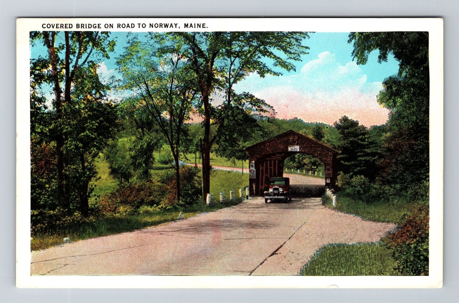 Norway ME-Maine, Covered Bridge on Tree Lined Road, Vintage Postcard
