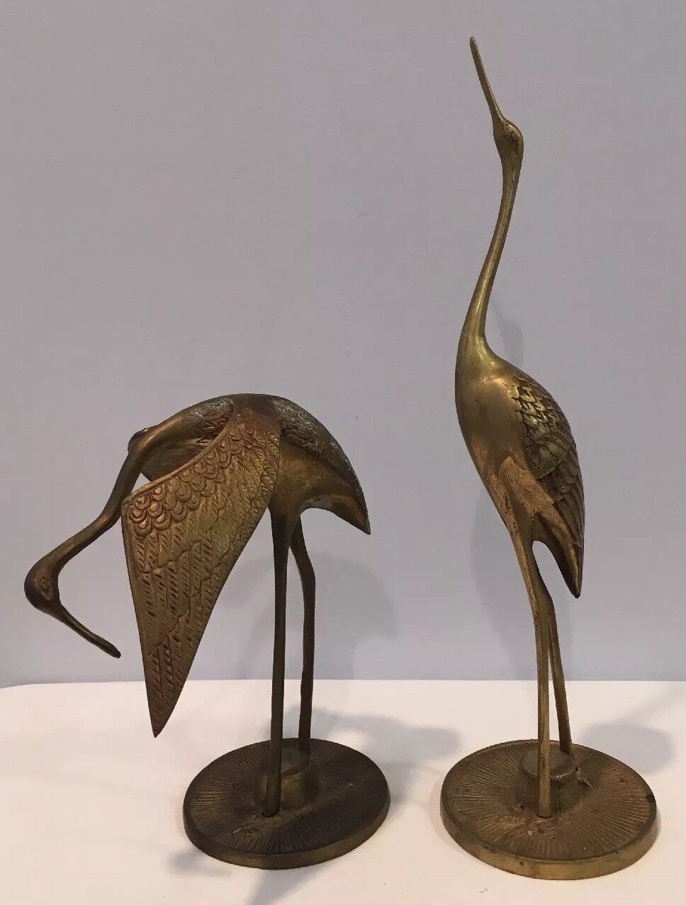 Vintage Set of 2 Brass Cranes One Standing Straight and One Bending Over Korea