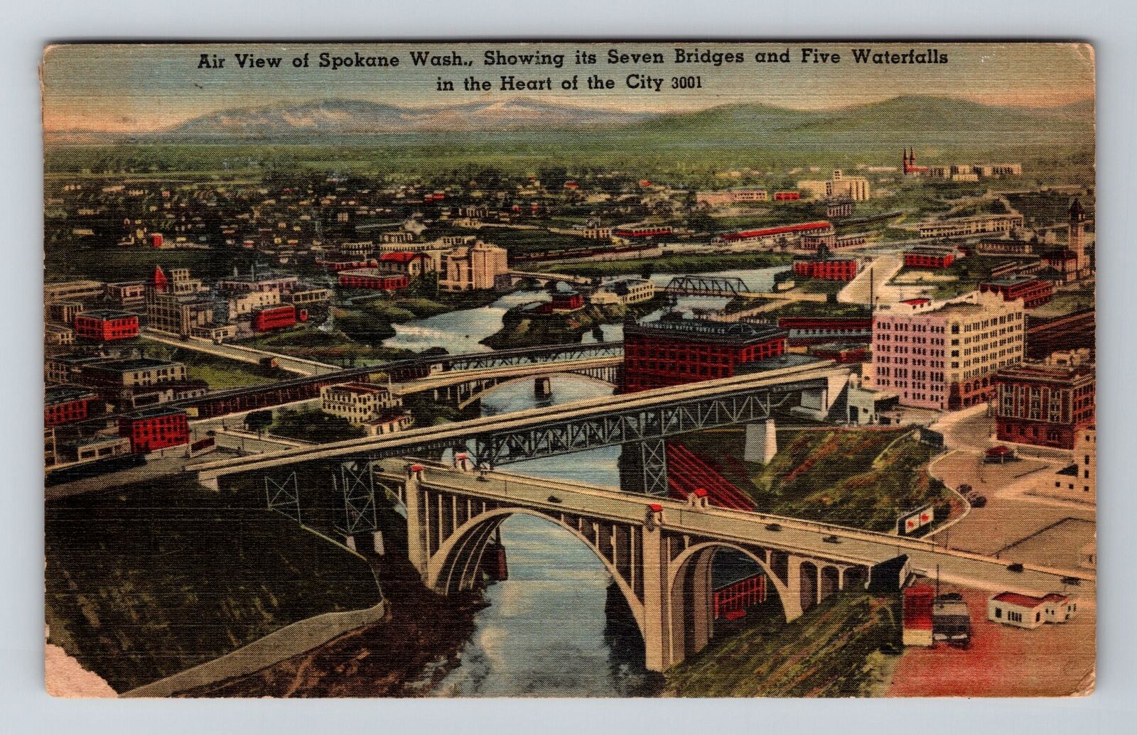 Spokane WA-Washington, Aerial View, Seven Bridges, c1944 Vintage Postcard