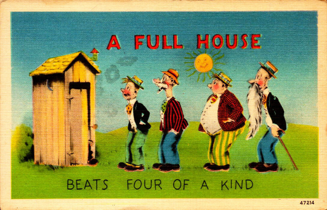 A Full House Beats Four of a Kind - Outhouse - Unposted Linen Postcard