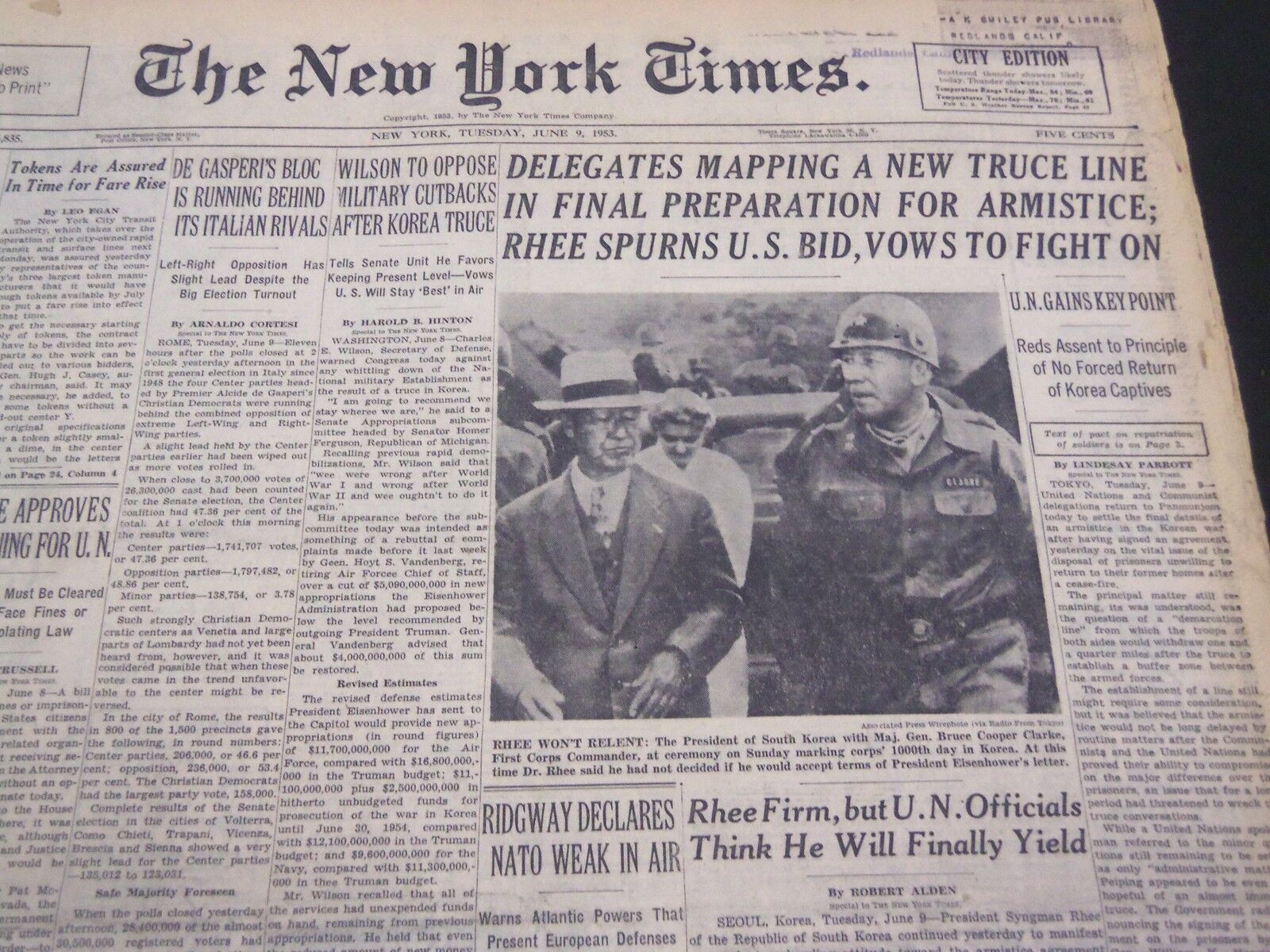 1953 JUNE 9 NEW YORK TIMES - RHEE VOWS TO FIGHT ON - NT 4443
