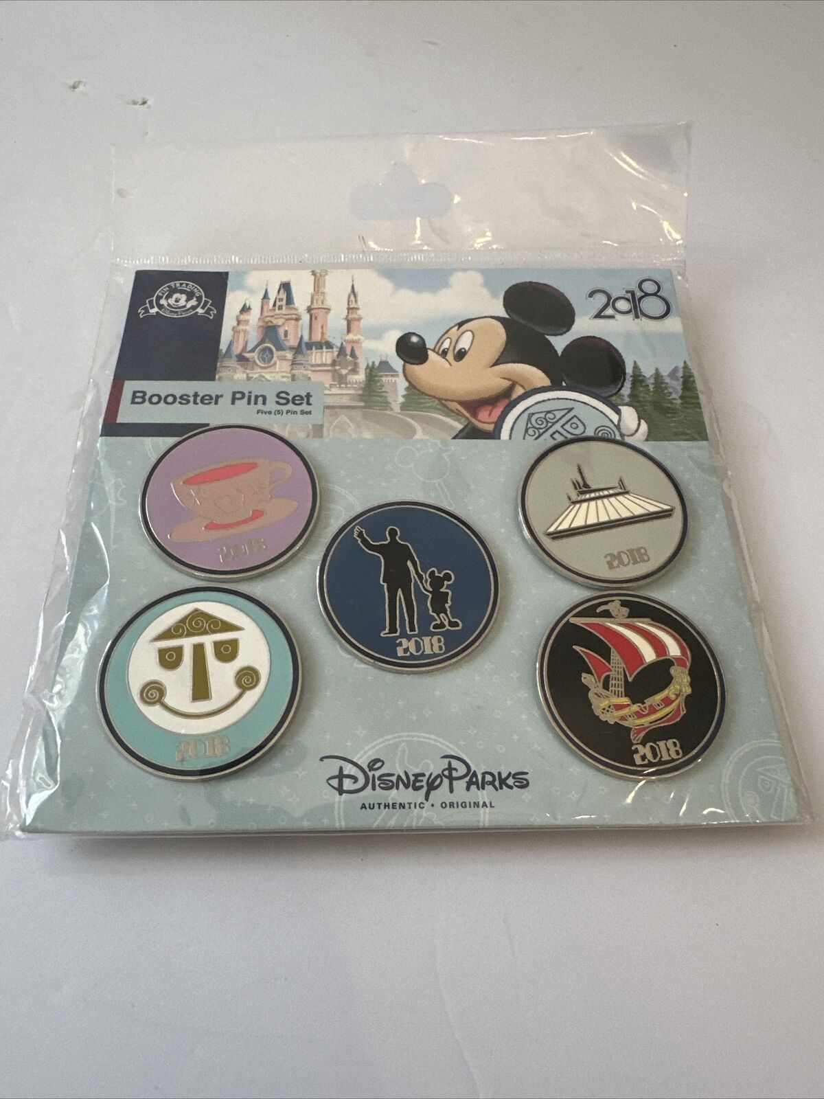 Disney 5 Pin Dated 2018 Booster Set Walt & Mickey, Tea Cup, Space Mountain