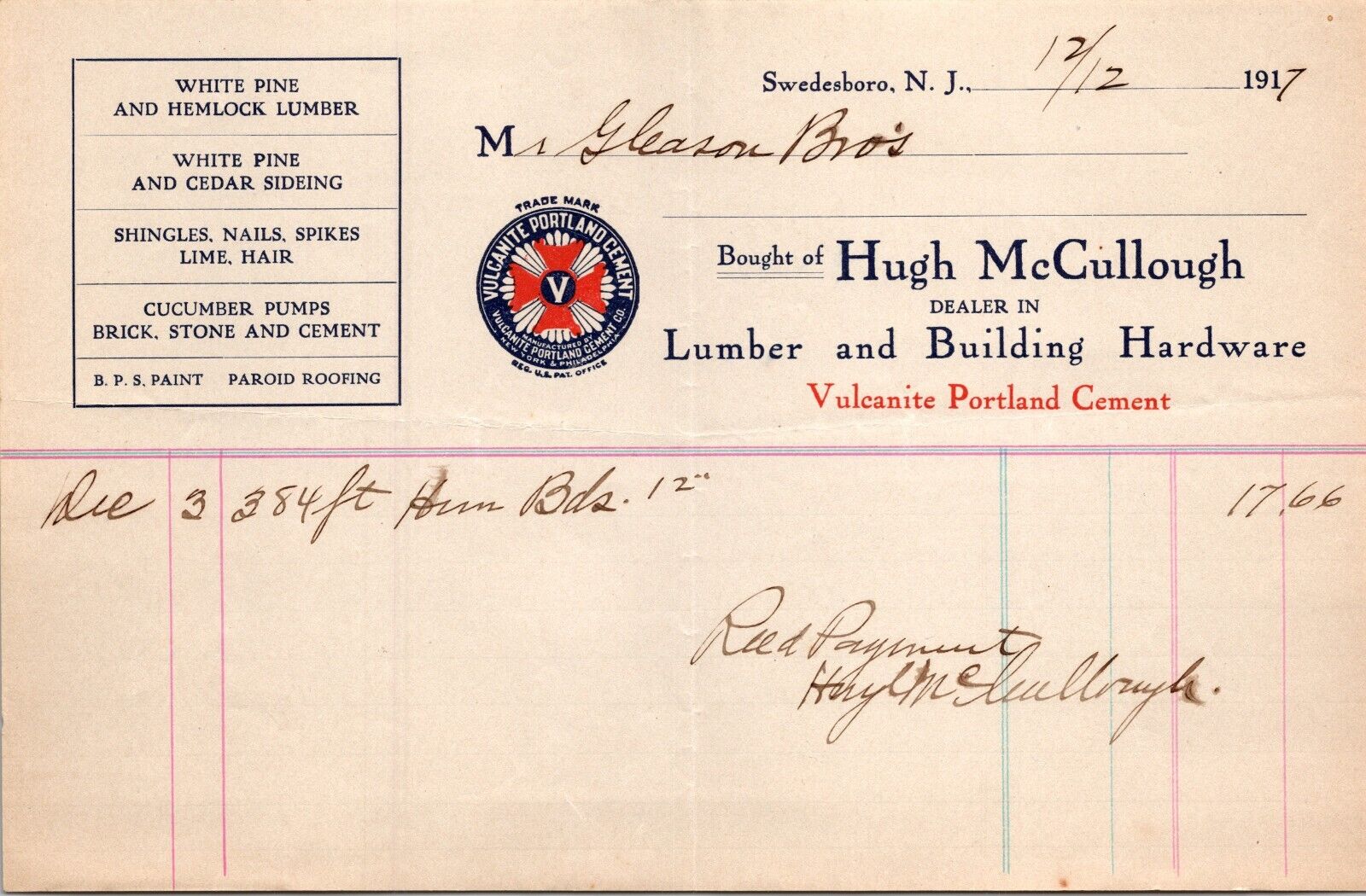 Hugh McCullough Swedesboro NJ 1917 Billhead Lumber Vulcanite Portland Cement