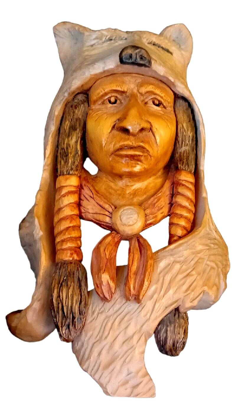 Vtg Carved Wood Spirit Sculpture Wall Folk Art Native American Indian Bust