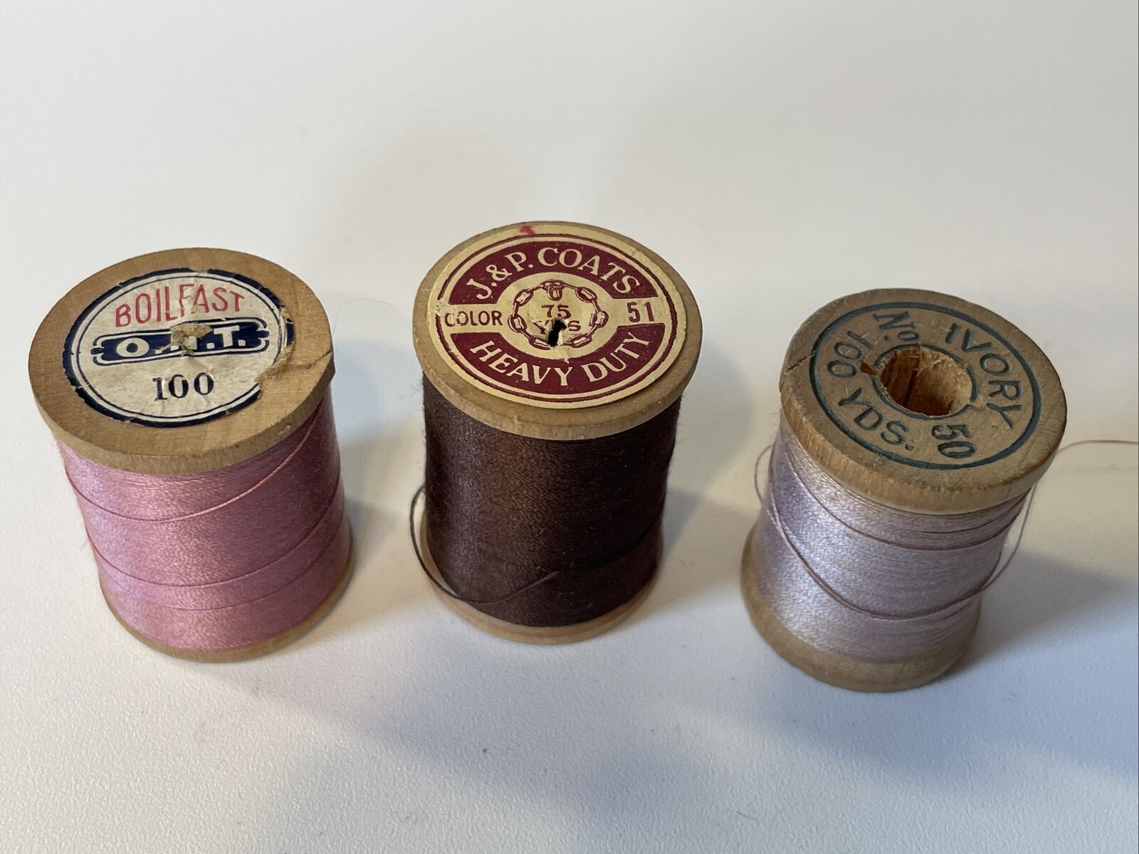 Set Of 3 Vint Wooden Spools Of Thread J & P Coats,  O.N.T., Ivory.
