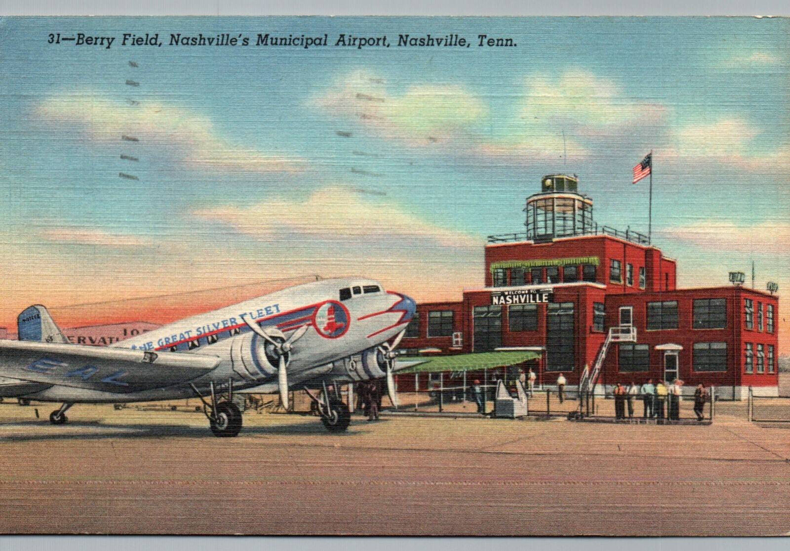 Nashville TN Postcard Municipal Airport Airplane Berry Field Great Silver Fleet