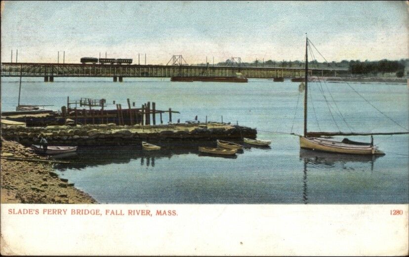 Fall River MA Slade\'s Ferry Bridge - Trolley and Boats c1910 Postcard