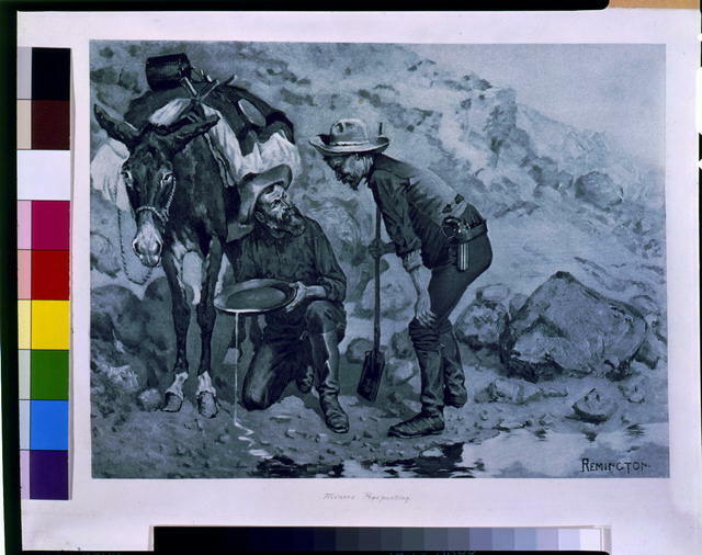 Miners prospecting,mules,gold mining,panning,industry,donkey,F Remington,c1880