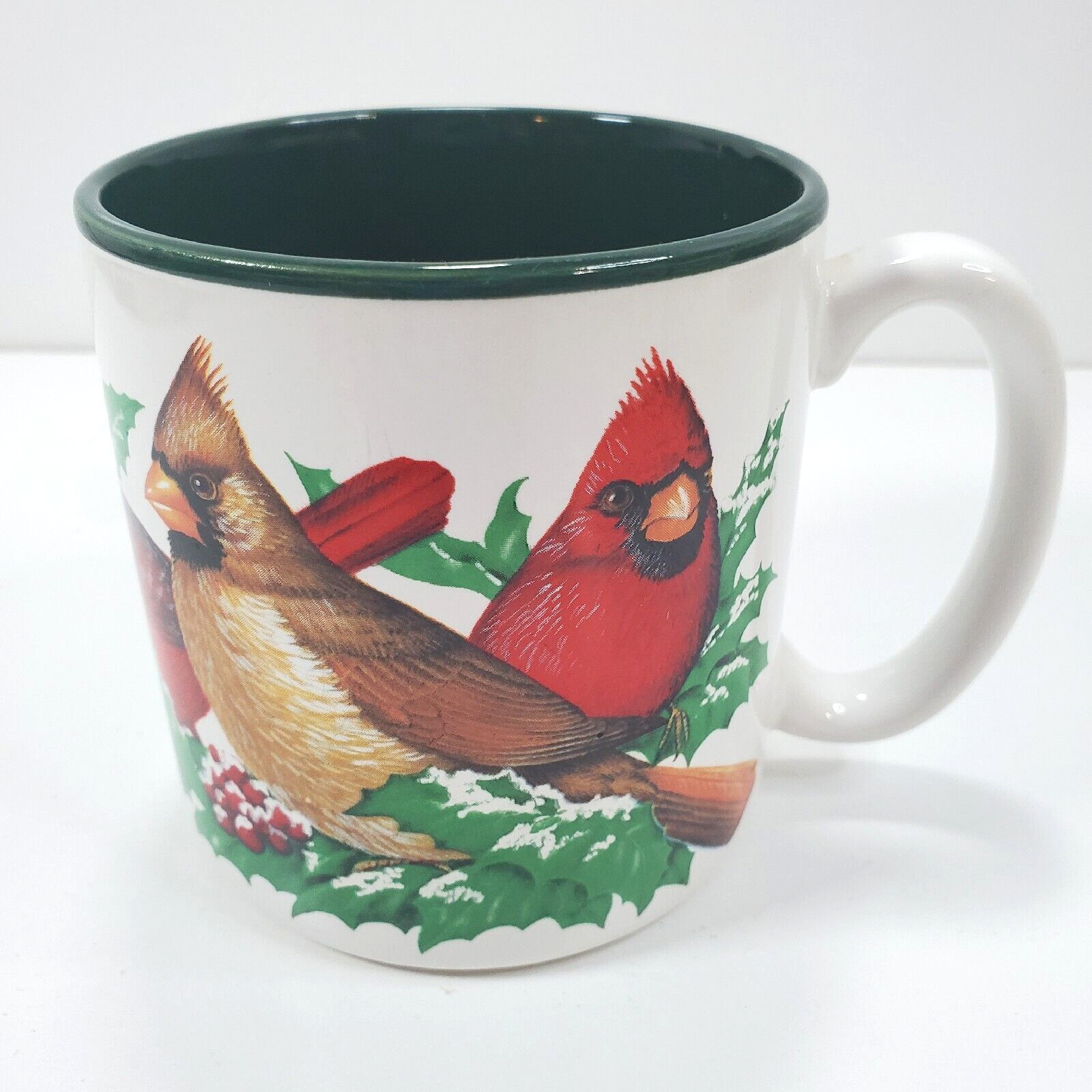 Vtg Potpourri Designs Winter Cardinals Coffee Mug Bird Holly Berries Snow 1994