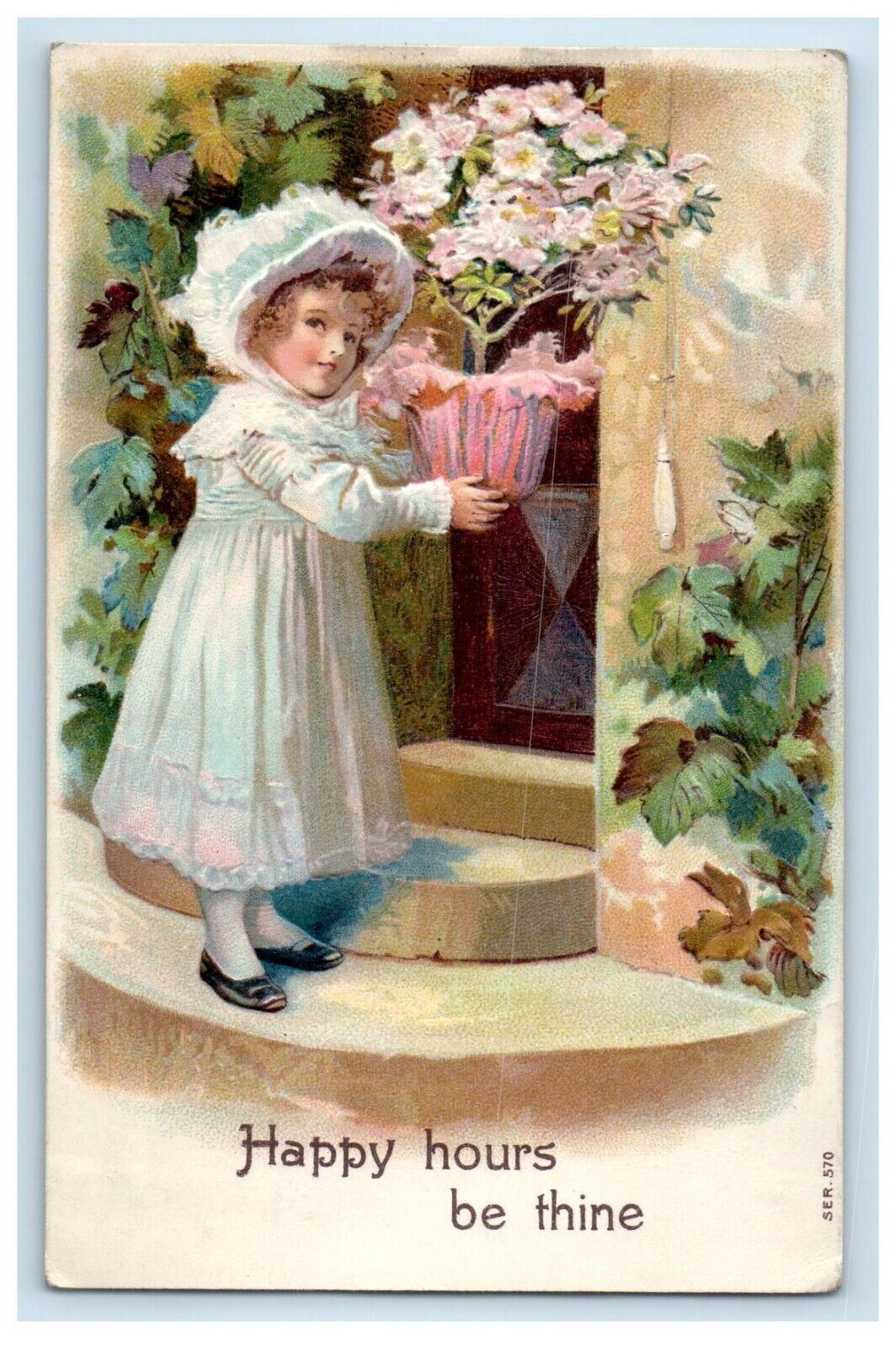 c1910's Pretty Little Girl Front Door Pink Flowers Pot Embossed Antique Postcard