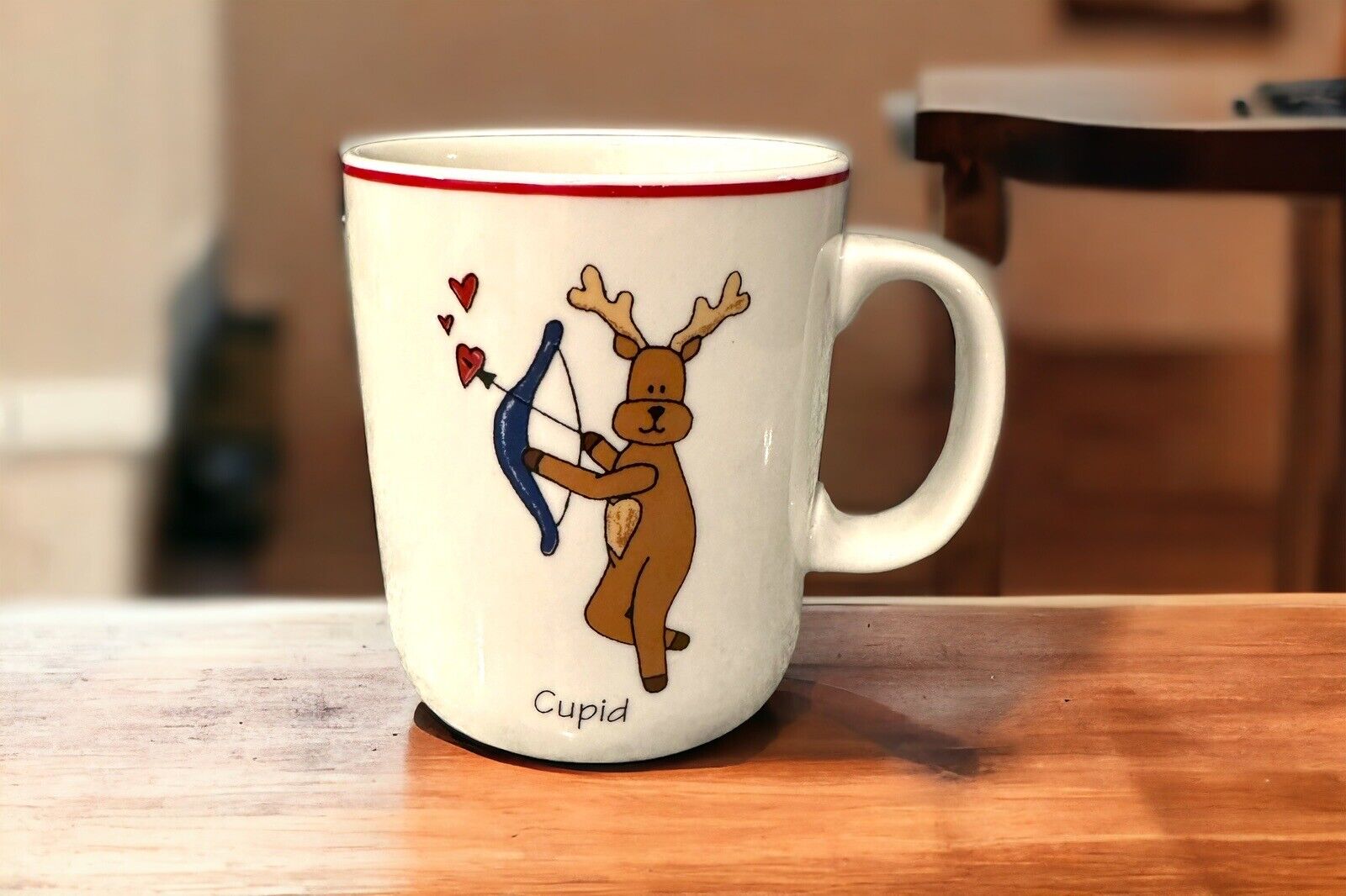 LTD Commodities Santa’s Reindeer Cupid Mug White  W/Stars Red Trim