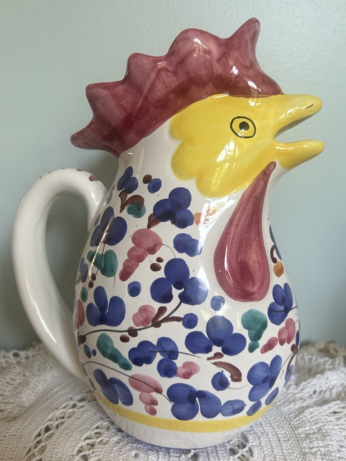 Vintage Large Hand Painted Rooster Pitcher Made in Italy