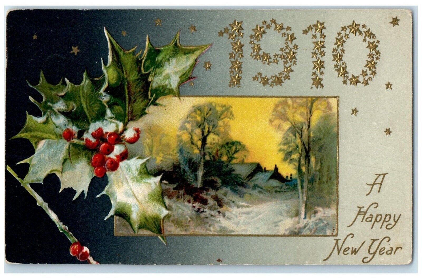 1910 New Year Holly Berries House Winter Scene Winsch Back Embossed Postcard