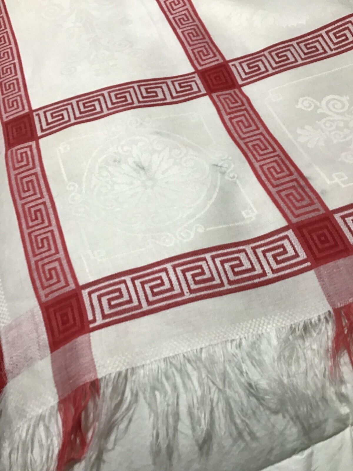 Victorian BATES Tablecloth DAMASK LINEN w/ TURKEY RED BANDS