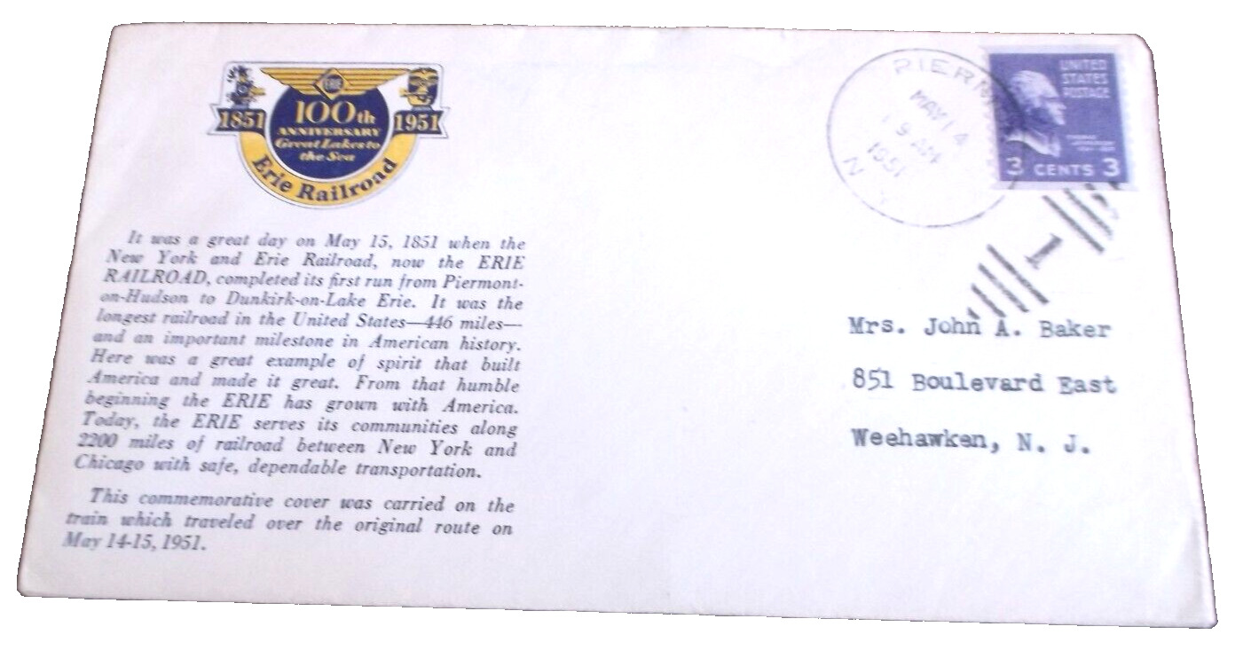 MAY 1951 ERIE RAILROAD 100TH ANNIVERSARY ENVELOPE PIERMONT NEW YORK L