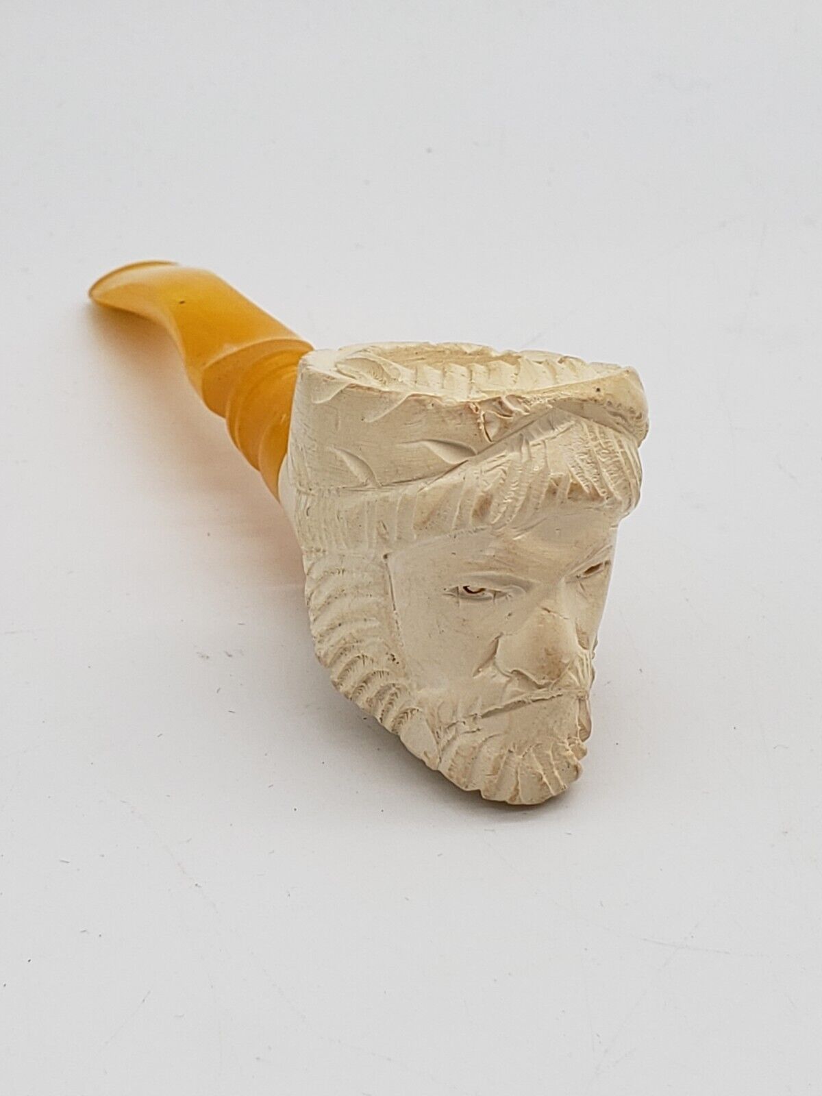 Vintage Meerschaum Hand Carved Cream Brown Bearded Face Pipe Size 5 inch