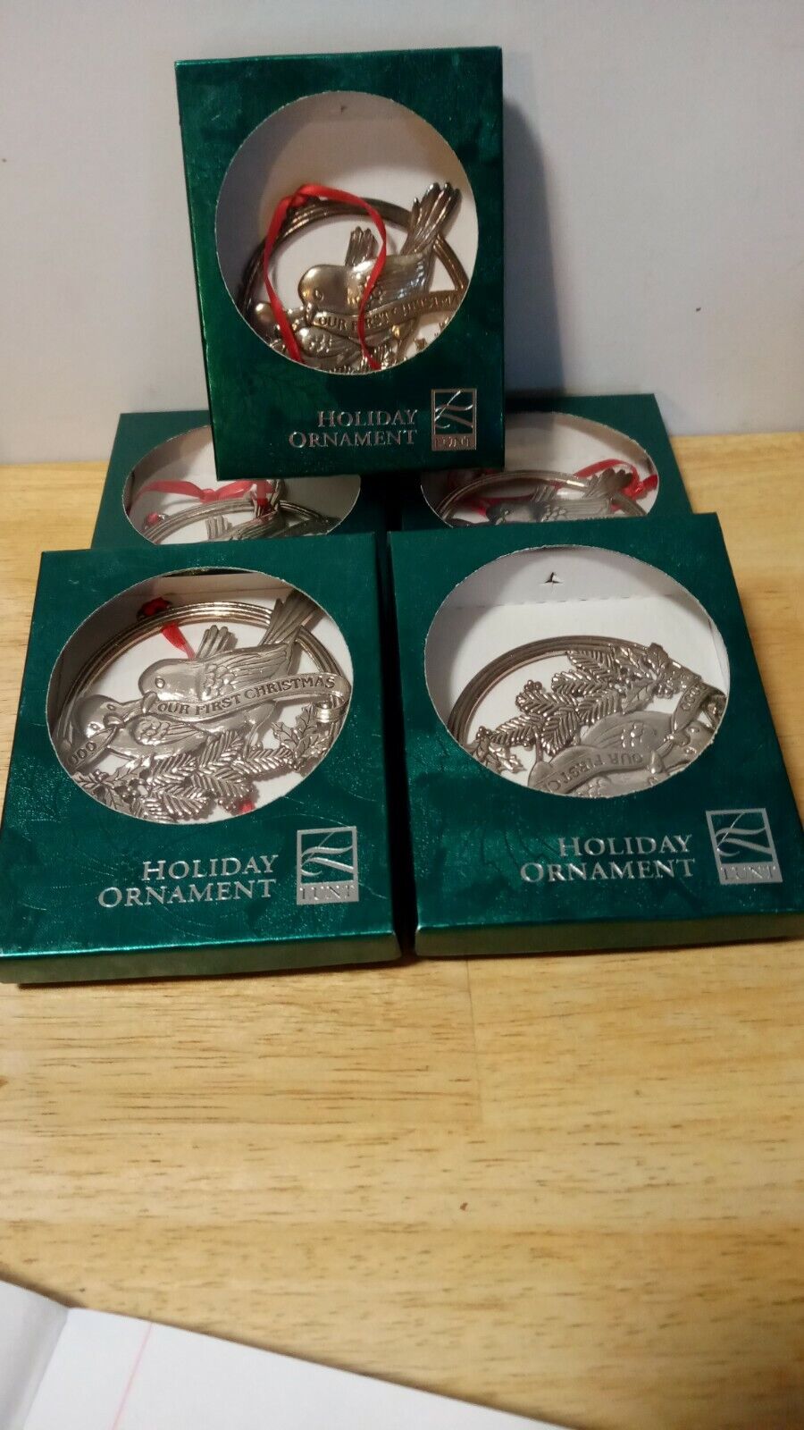 5 Lunt silver plated ornaments.  Our first Christmas 2000 .  two lovebirds. 