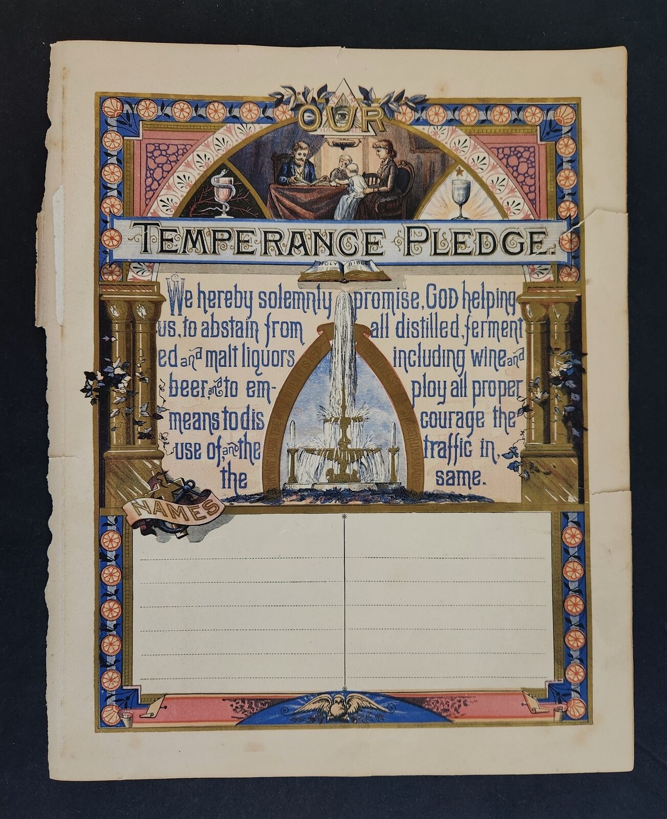 1883 antique bible TEMPERANCE FAMILY PLEDGE certificate PRINT ART litho art