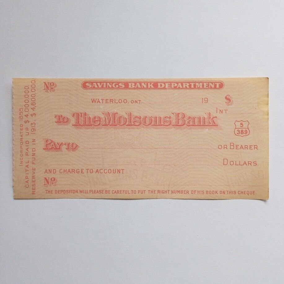 Antique 1919 Molsons Blank Bank Check