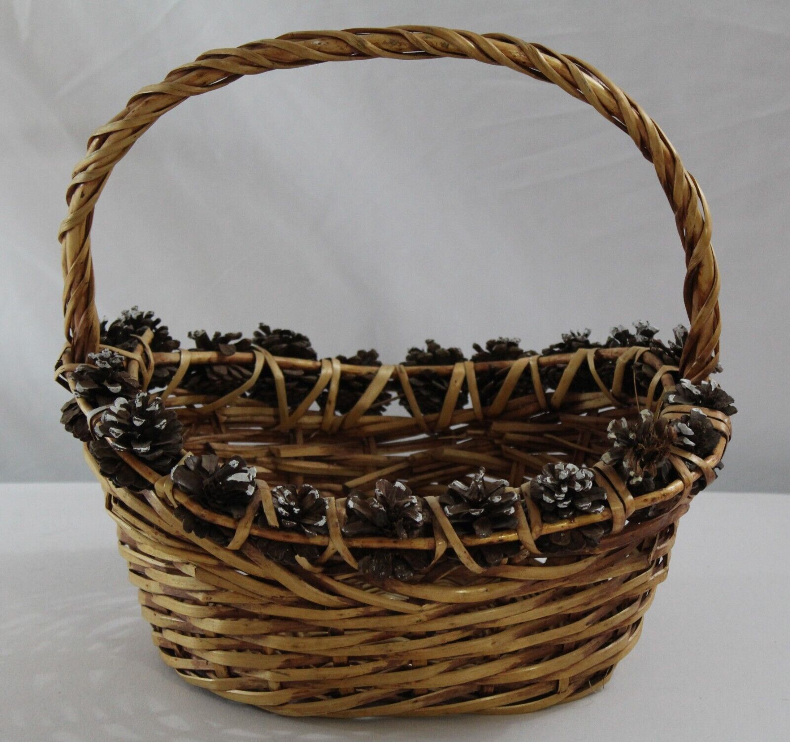 Vintage Woven Wicker Forest Basket Pinecone Edging Single Handle Medium