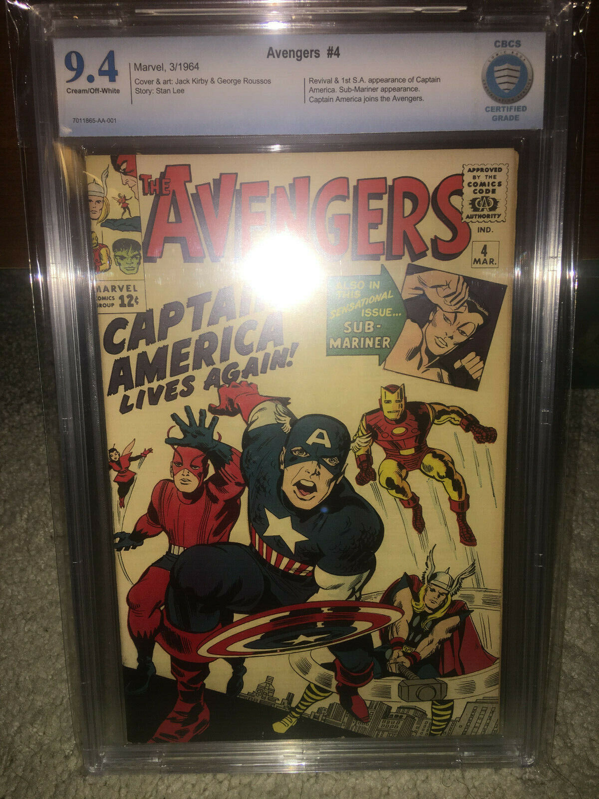 Avengers #4 CBCS 9.4 Marvel 1964 1st Captain America S.A. With CGC mylar K8 cm