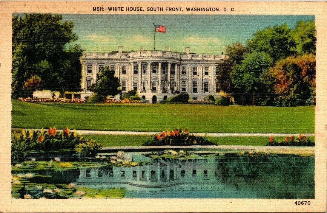 Vintage White House, South Front, Washington, DC Linen Finish 1930-45 Postcard