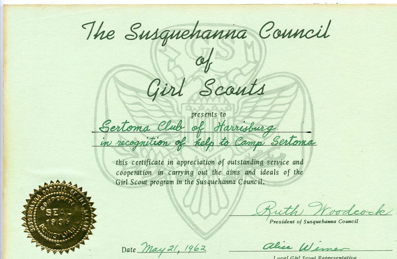 1962 Vintage Signed Certificate Girl Scouts Susquehanna PA Council Camp Sertoma