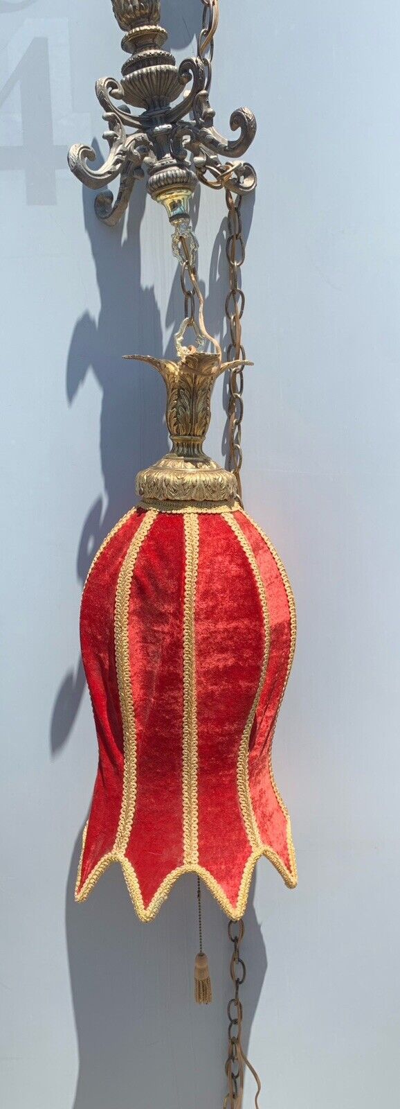 Vintage Regency Red Velvet Tulip Hanging Swag Lamp Hollywood MCM Boho 60s 70s