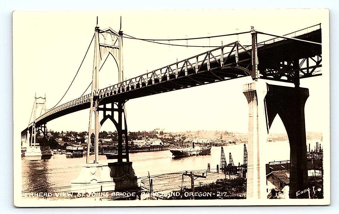 RPPC PORTLAND, OR Oregon ~ ST. JOHN\'S BRIDGE & RIVER View c1930s Postcard