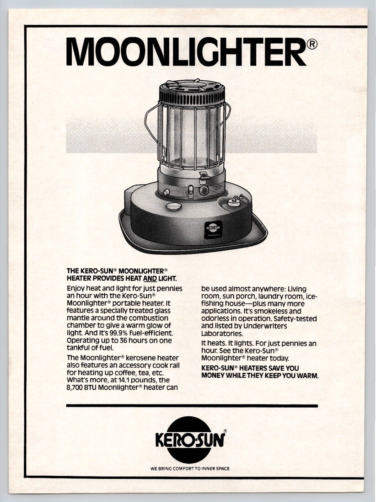 1982 Vintage Kero-Sun Moonlighter Provides Heat And Light Print Ad