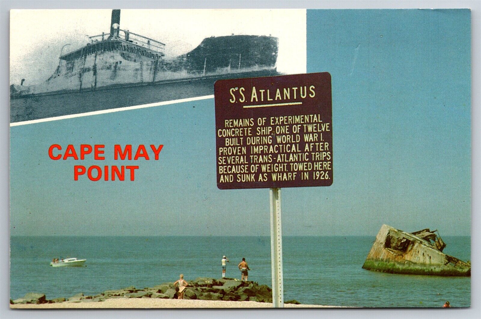 Cape May Point Split View SS Atlantus Concrete Ship NJ Postcard M18
