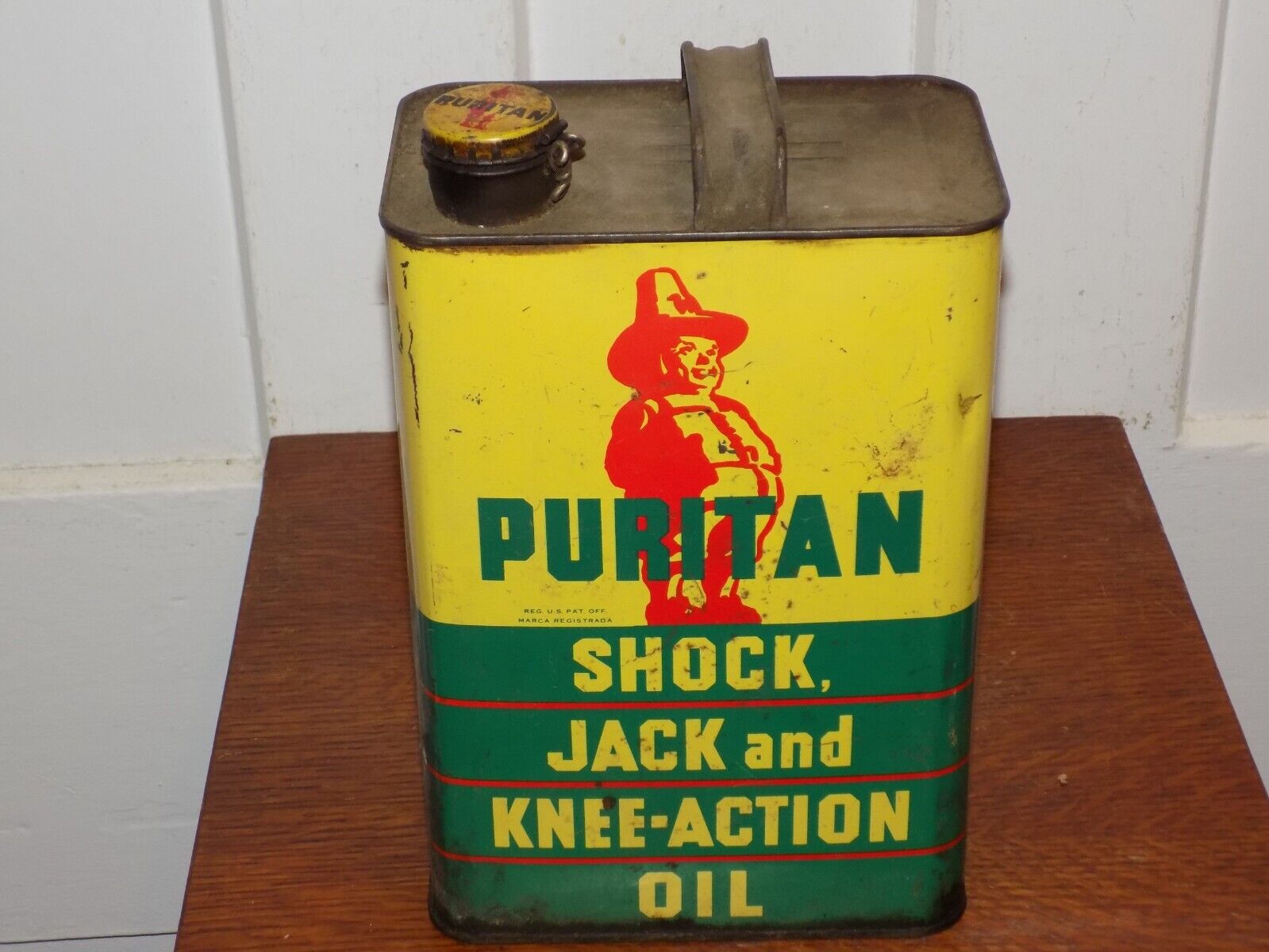 Vintage Puritan Shock Jack and Knee Action Oil Empty One Gallon Can