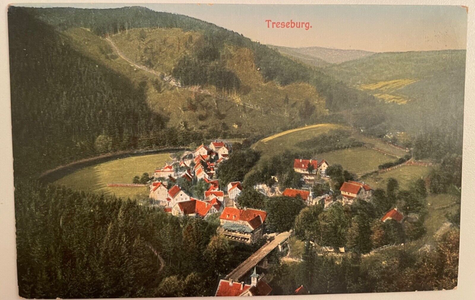 1910s Lithograph postcard Treseburg aerial mountain view Saxony Germany