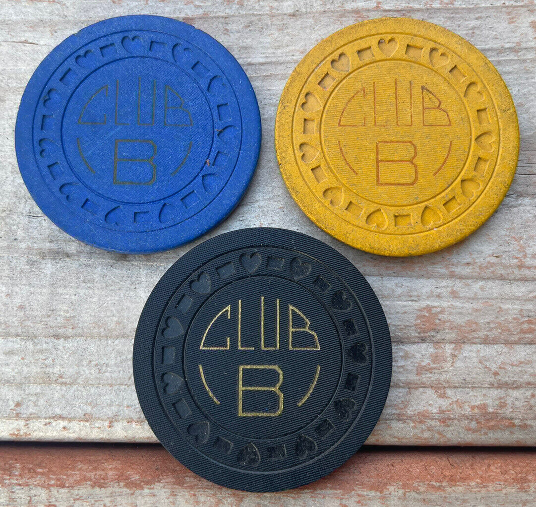 (3) Different Vintage CLUB B Illegal Gaming Poker Casino Chip Lot $1 $5 $20