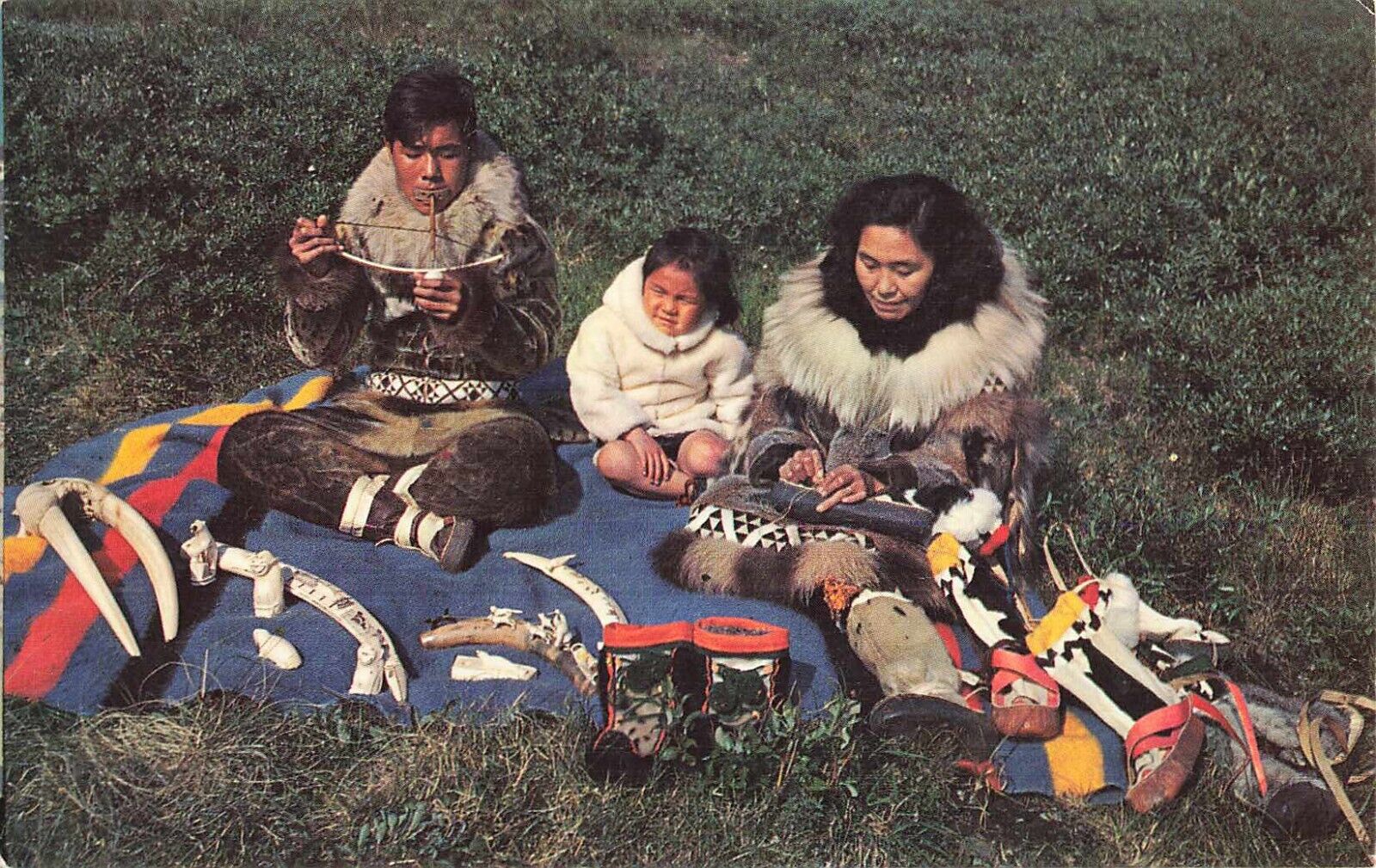 Postcard Eskimo\'s Handcrafting Using Fur, Skins and Whalebones Nature\'s Material