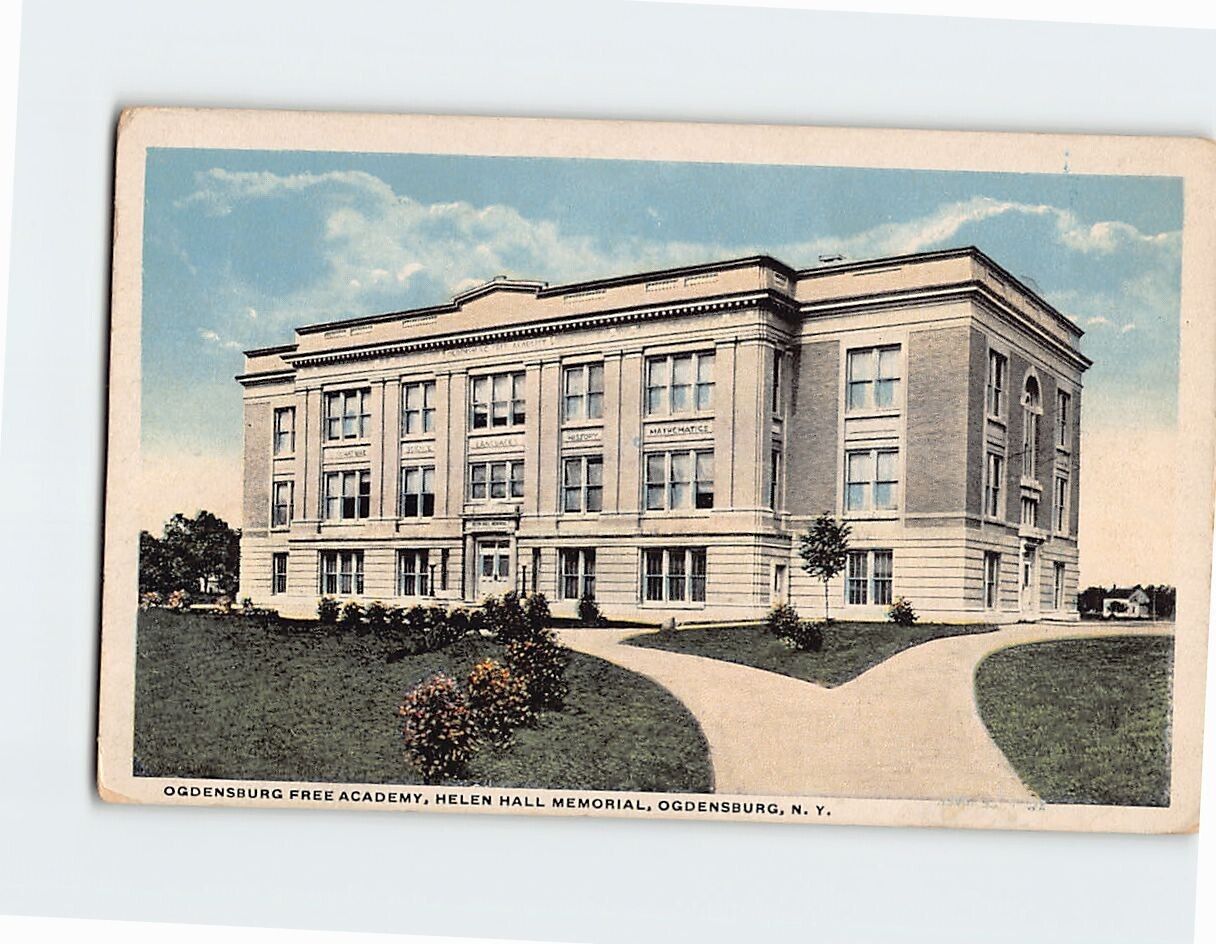 Postcard Ogdensburg Free Academy, Helen Hall Memorial, Ogdensburg, New York