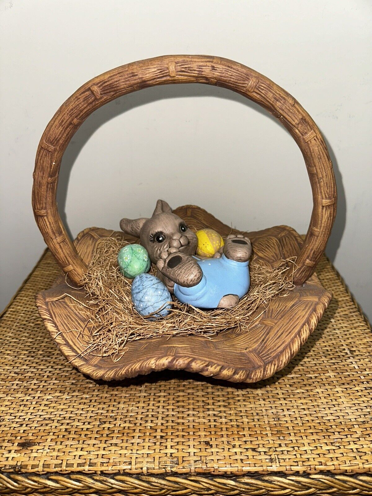 Vintage 1989 Easter Bunny Egg Basket Handpainted Ceramic Grandma Multi Colorful