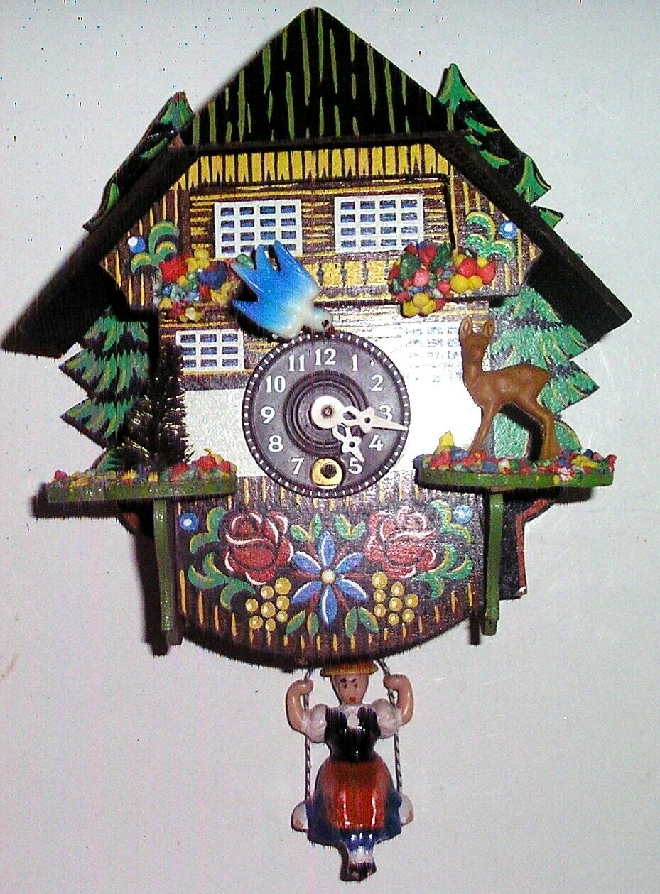 Vintage Miniature German Cuckoo Clock Woman on Swing Deer Bird Flowers