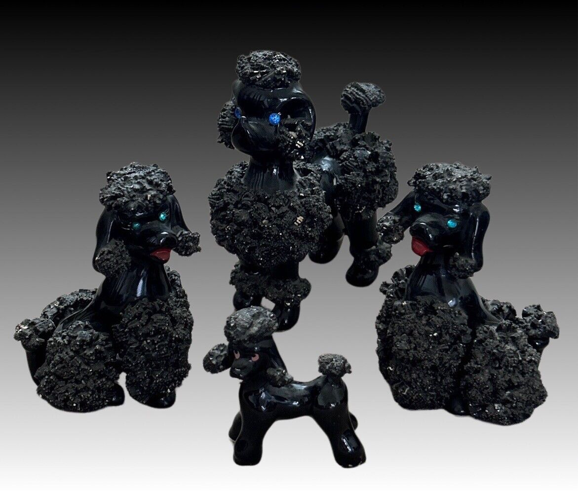 Vintage Set of 4 Poodle Dog Family Figurines Spaghetti Trim Black