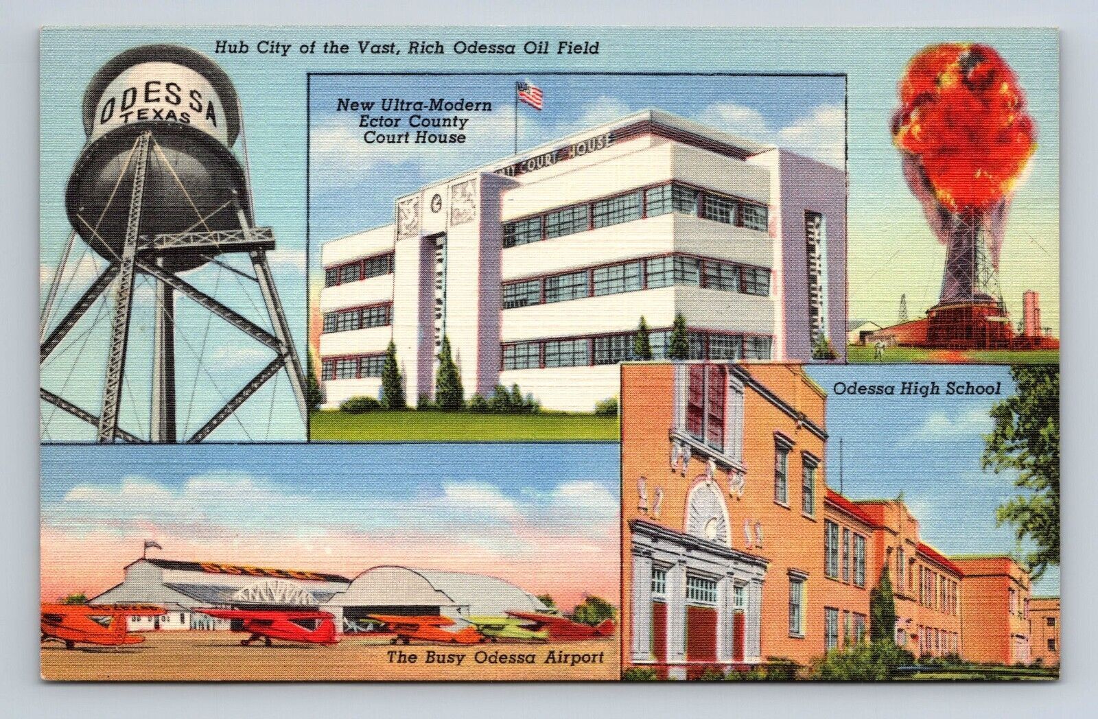 Postcard Odessa Texas Hub City Oil Fields Court House Airport High School Linen
