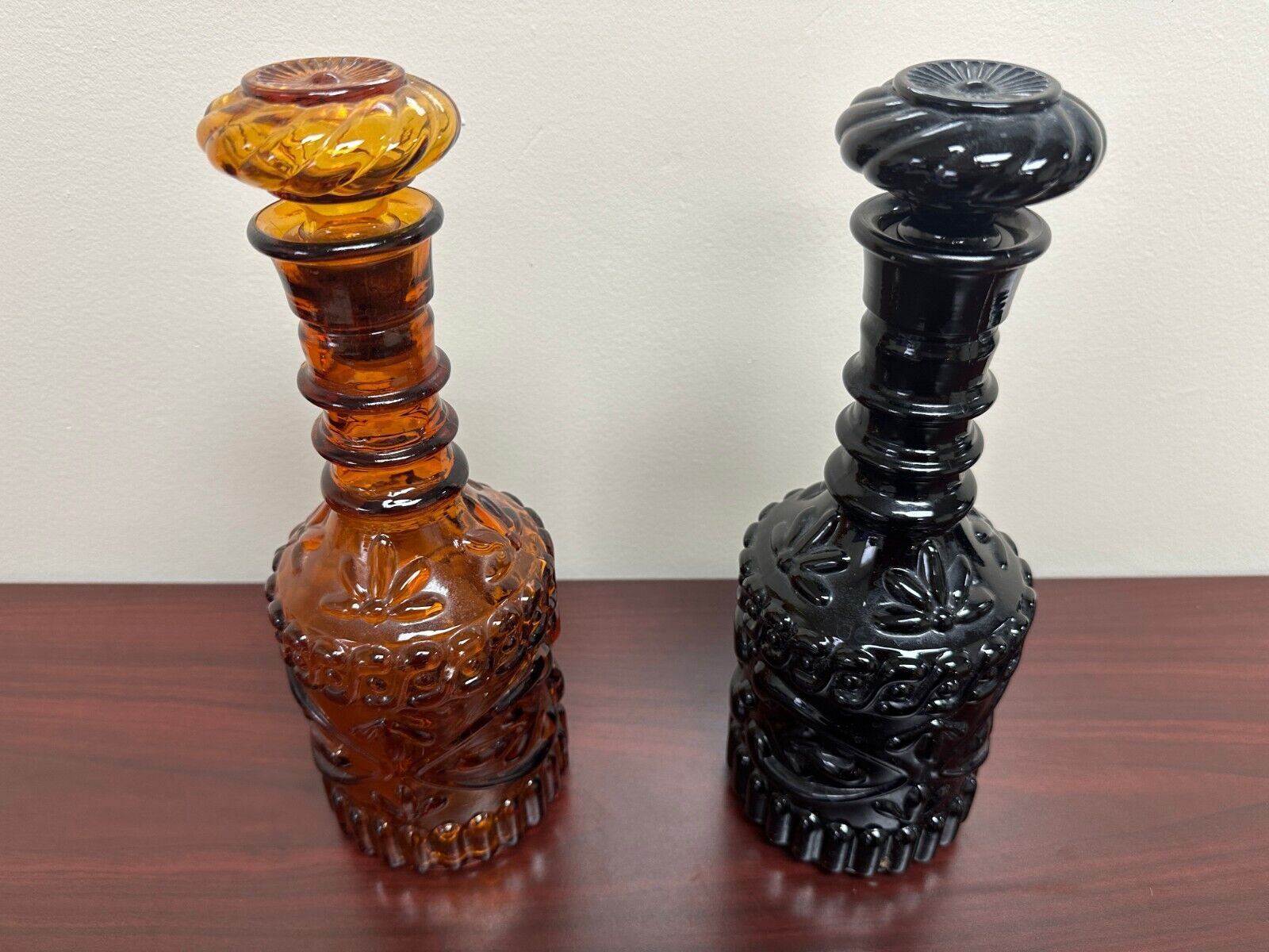Vintage 1970s Jim Beam Glass Amber & Black Collectible Decanters w/Stoppers