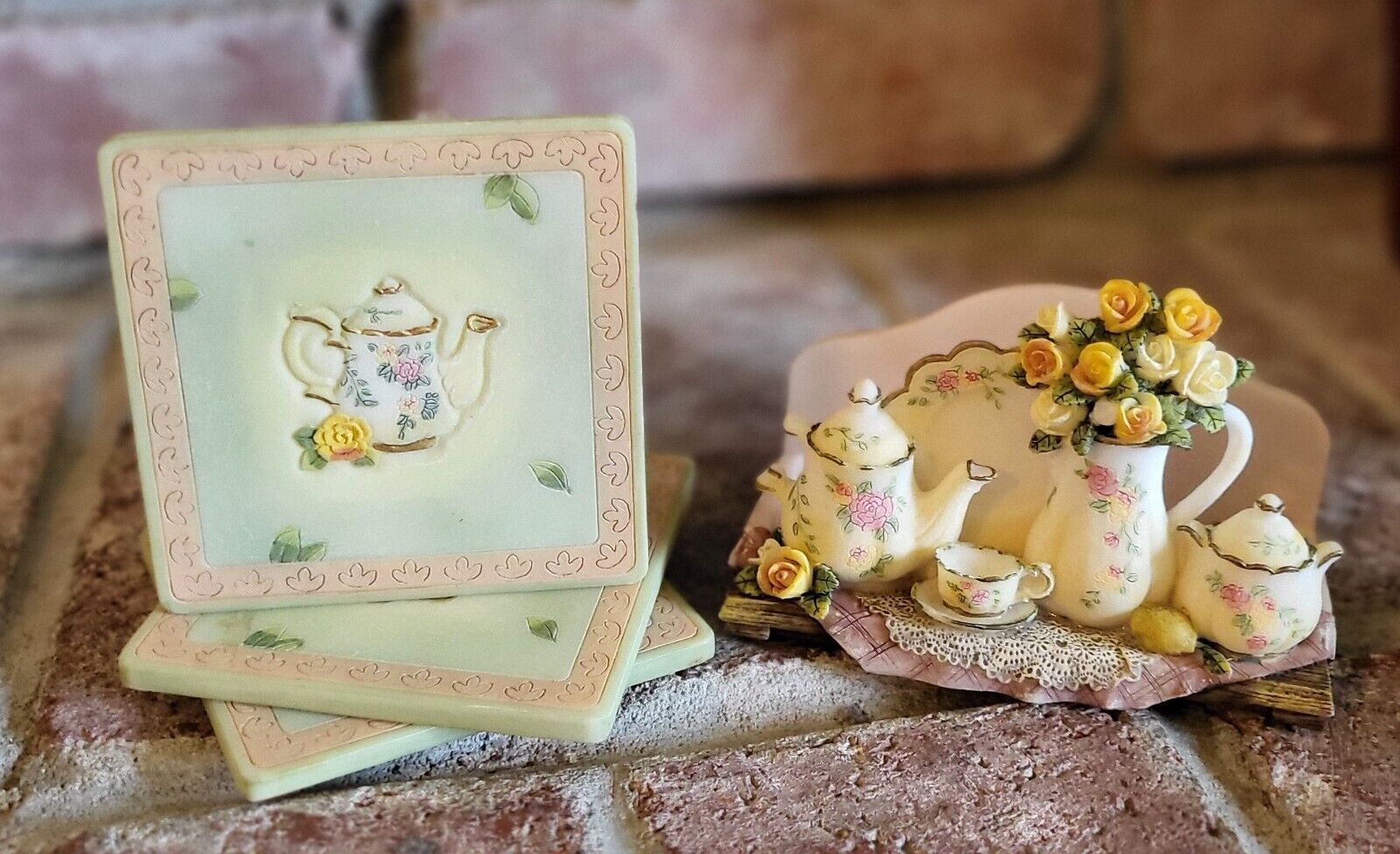 Vintage | “Tea & Flowers” 3 Coasters & Napkin Holder | Resin | Pink | Cream 